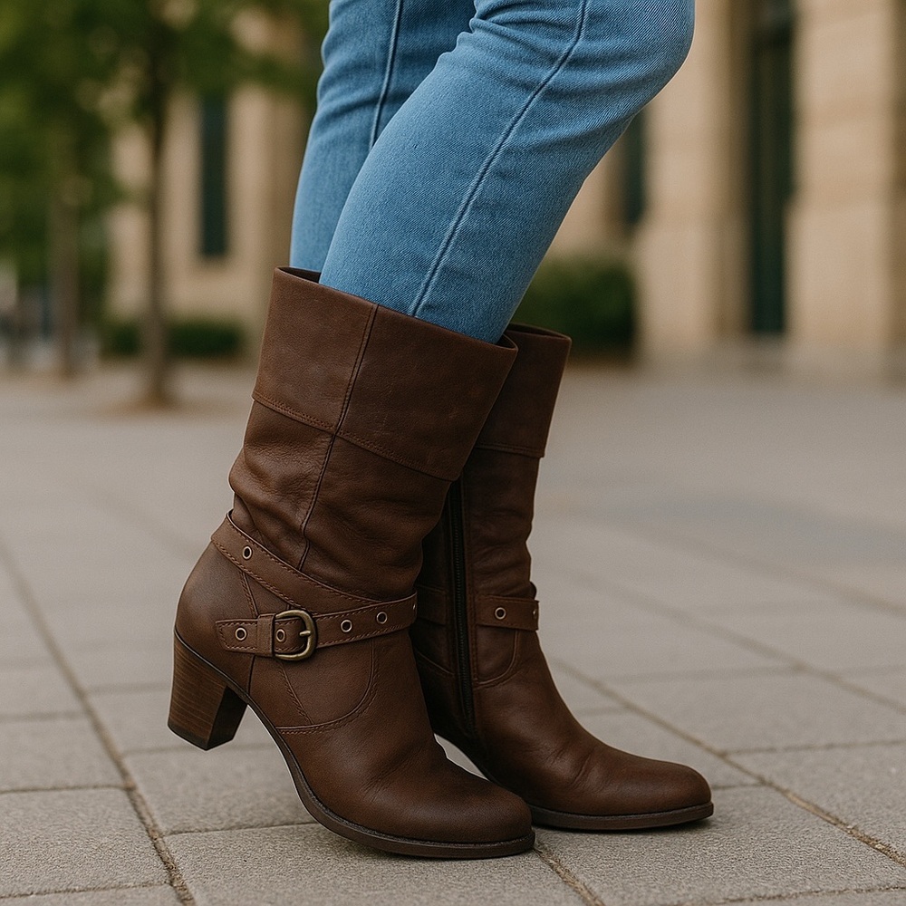 Born oiled Leather Distressed Heeled Boots Brown Straps Grommets‎ Size 10/42